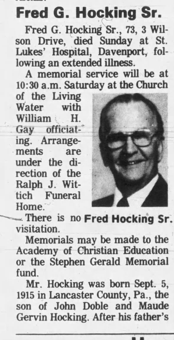 Obituary for Fred G. Hocking (Aged 73)